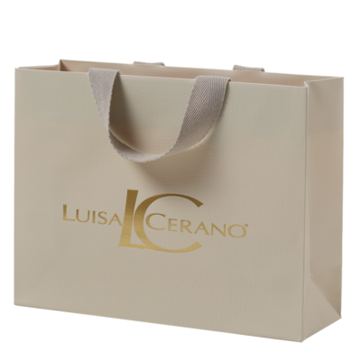 Luxury paper bag with turn on top, cardboard and textile cord